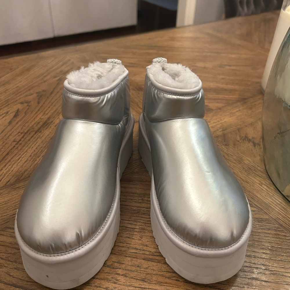 UGG Silver Metallic Platform Cozy Shearling Ankle Boots